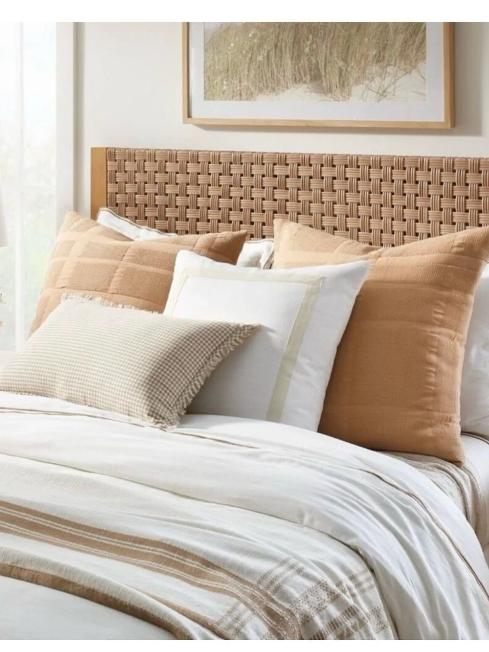 NWOT! Threshold with Studio McGee Slub Border Applique Pillow, White/Camel, 24”